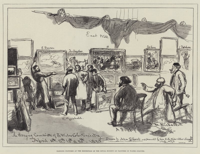 Bilderaufhängung bei der Ausstellung der Royal Society of Painters in Water Colours von John Gilbert
