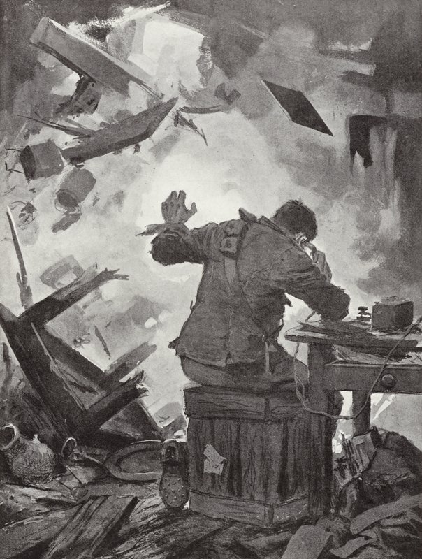 Bombardier W H French beendet seine Nachricht, nachdem eine Granate durch den Raum gekommen war, in dem er telefonierte, Helpegarde, Erster Weltkrieg von John Harris Valda