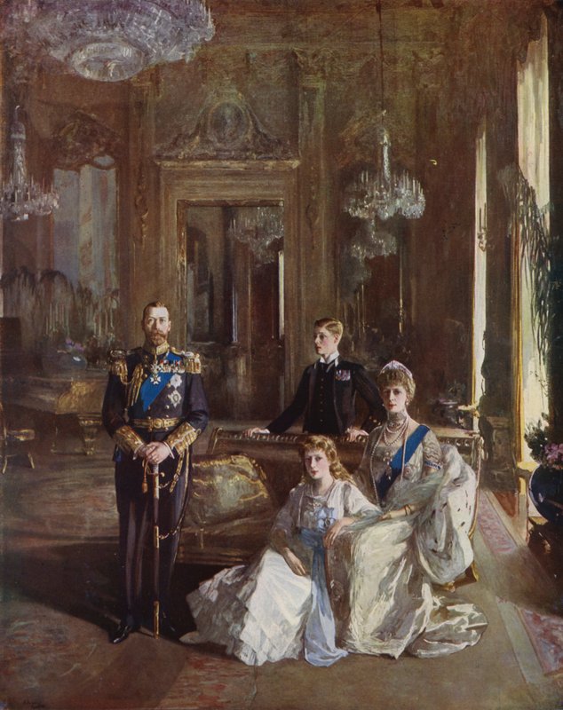 König Georg V., Königin Mary, der Prinz von Wales und Prinzessin Mary im Weißen Salon, Buckingham Palace, London, 1913 von John Lavery