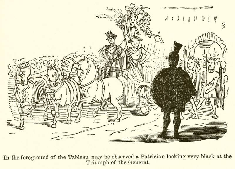 Im Vordergrund des Tableaus ist ein Patrizier zu sehen, der sehr schwarz auf den Triumph des Generals blickt von John Leech