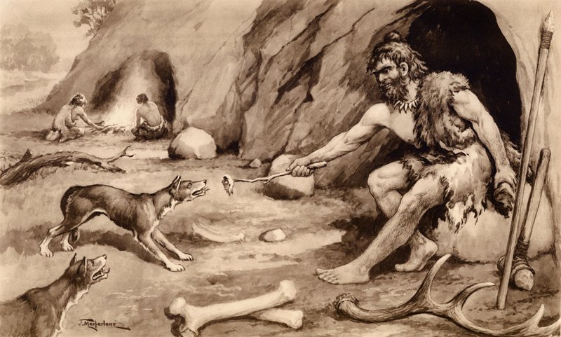 Höhlenmensch füttert Hund von John Macfarlane