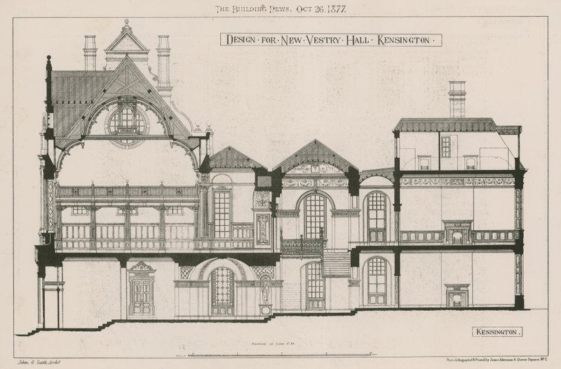 Entwurf für die neue Vestry Hall, Kensington von John Oldrid Scott