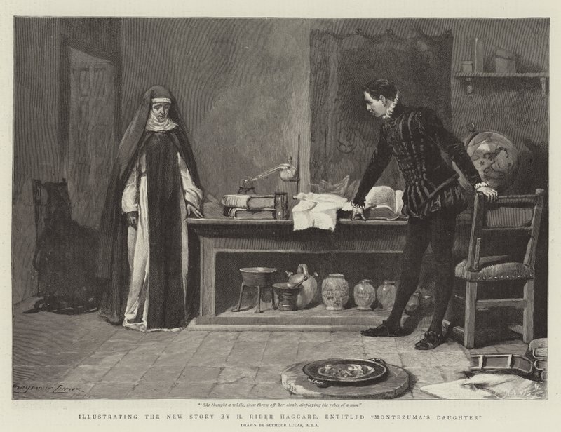 Illustration der neuen Geschichte von H. Rider Haggard, mit dem Titel Montezumas Tochter von John Seymour Lucas