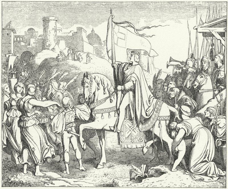 Der Heilige Römische Kaiser Friedrich II. zieht in Jerusalem ein, Sechster Kreuzzug von Josef Mathias (after) Trenkwald