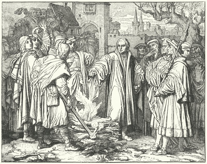 Martin Luther verbrennt die päpstliche Bulle in Wittenberg, 1520 von Josef Mathias Trenkwald