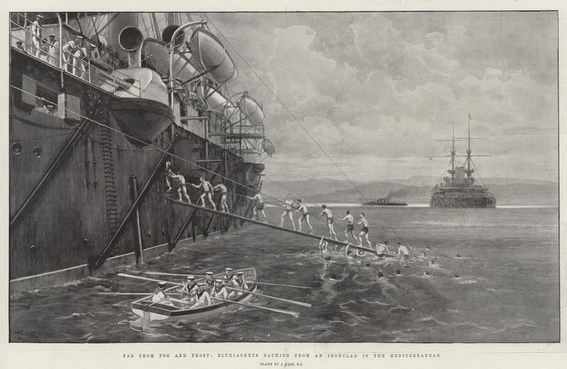 Fern von Nebel und Frost, Matrosen baden von einem Panzerschiff im Mittelmeer von Joseph Nash