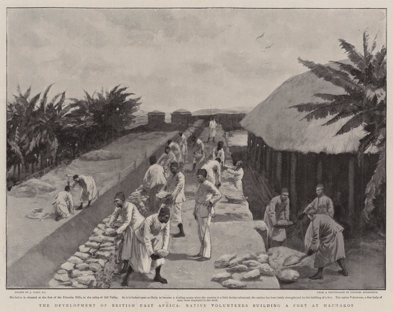 Die Entwicklung von Britisch-Ostafrika, einheimische Freiwillige bauen ein Fort in Machakos von Joseph Nash