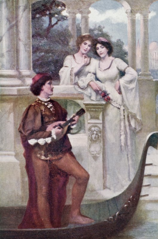 Junger Mann spielt Musik für zwei Damen (Farblithografie) von Joseph (after) Finnemore