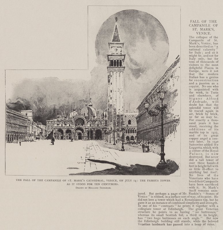 Der Fall des Campanile der St.-Markus-Kathedrale in Venedig am 14. Juli, der berühmte Turm, wie er zehn Jahrhunderte lang stand von Joseph Holland Tringham