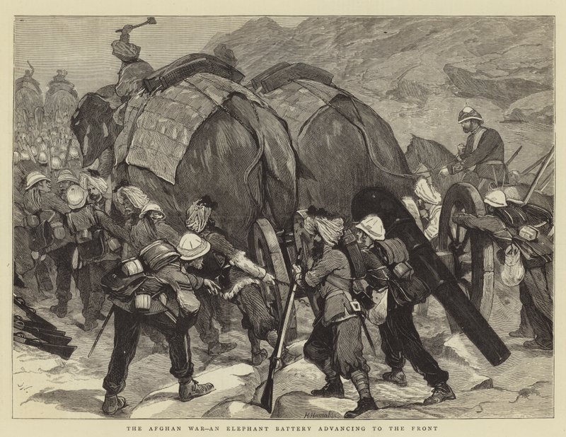 Der Afghanische Krieg, eine Elefantenbatterie rückt an die Front vor von Joseph Nash