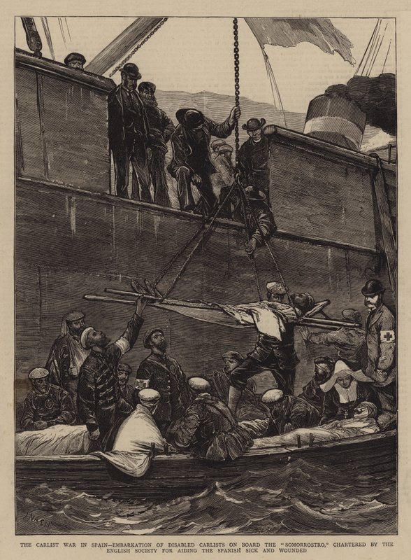 Der Karlistenkrieg in Spanien, Einschiffung von behinderten Karlisten an Bord der Somorrostro, gechartert von der englischen Gesellschaft zur Unterstützung der spanischen Kranken und Verwundeten von Joseph Nash