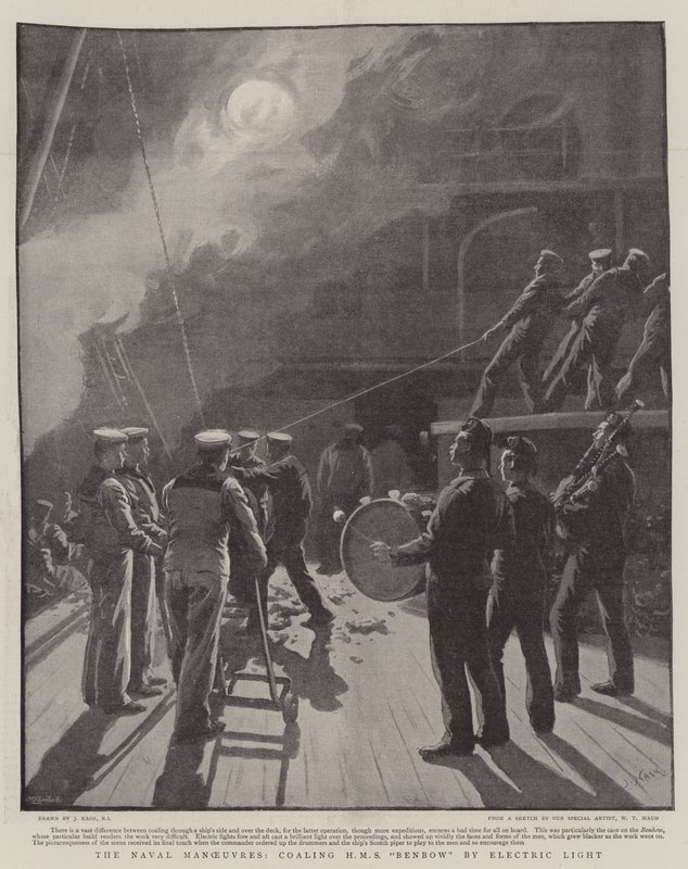 Die Marine-Manöver, Kohlenversorgung der HMS Benbow bei elektrischem Licht von Joseph Nash