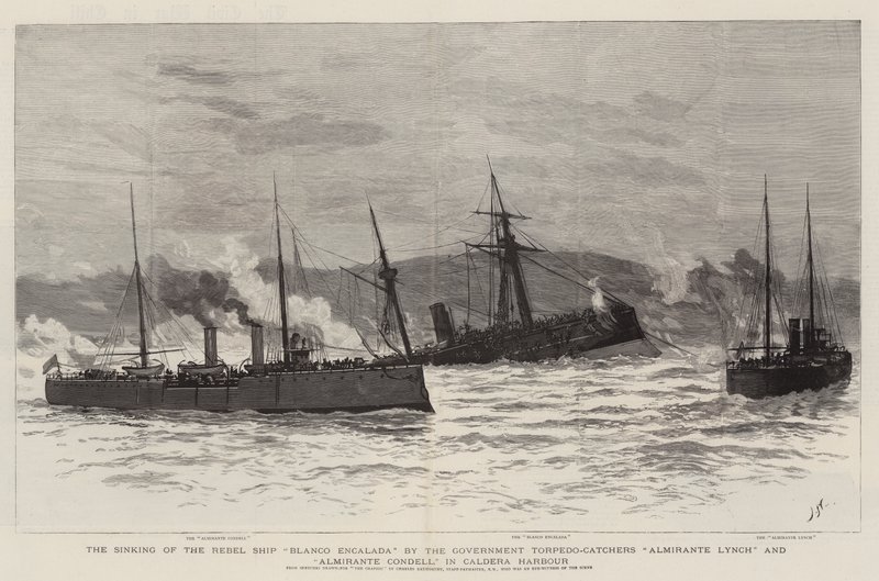 Das Sinken des Rebellen-Schiffs Blanco Encalada durch die Regierungstorpedofänger Almirante Lynch und Almirante Condell im Hafen von Caldera von Joseph Nash