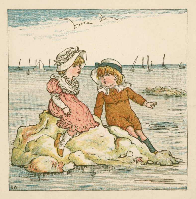 Junge und Mädchen auf einem Felsen gestrandet (Farblitho) von Kate (after) Greenaway