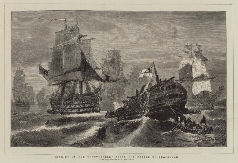 Das Sinken der Redoutable nach der Schlacht von Trafalgar von Konstantinos or Constantin Bolanachi