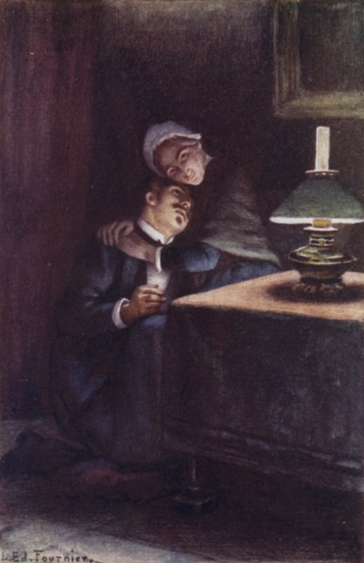 Mit seinem schweren, wolligen Kopf auf ihrem Knie erinnerte er sich an die glücklichen Abende seiner Kindheit von Louis Edouard Paul Fournier