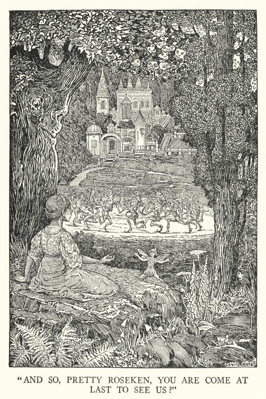 "Und so, hübsche Roseken, bist du endlich gekommen, um uns zu sehen?" (Lithografie) von Louis John Rhead