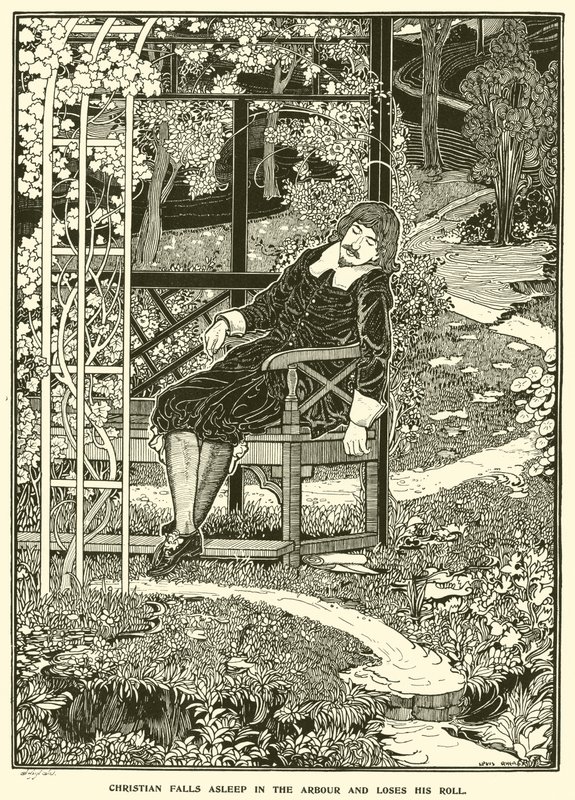 Christian schläft im Laubengang ein und verliert seine Rolle (Gravur) von Louis John Rhead