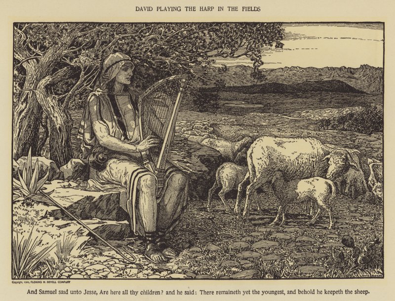 David spielt die Harfe auf den Feldern von Louis John Rhead