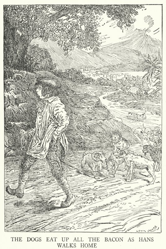 Die Hunde fressen den ganzen Speck auf, während Hans nach Hause geht von Louis John Rhead