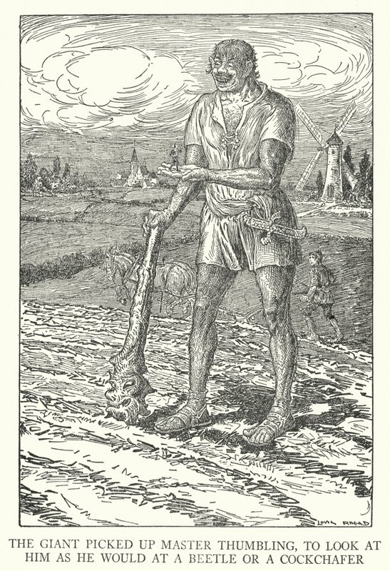Der Riese hob Meister Däumling auf, um ihn wie einen Käfer oder Maikäfer zu betrachten (Lithografie) von Louis John Rhead