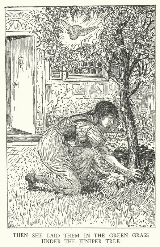 Dann legte sie sie ins grüne Gras unter den Wacholderbaum (Lithografie) von Louis John Rhead