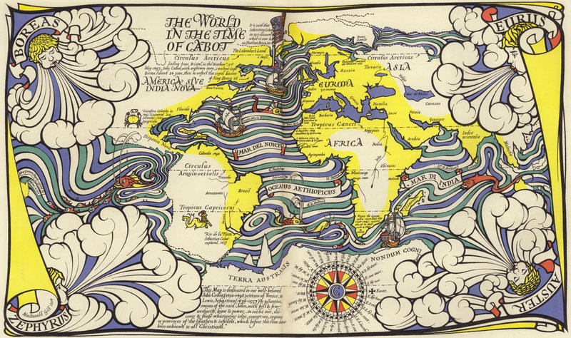 Weltkarte zur Zeit der Navigatoren John und Sebastian Cabot von MacDonald Gill