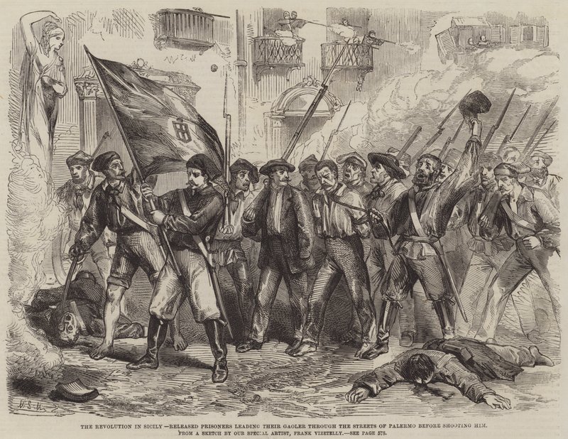 Die Revolution in Sizilien, freigelassene Gefangene führen ihren Wärter durch die Straßen von Palermo, bevor sie ihn erschießen von Matthew Somerville Morgan
