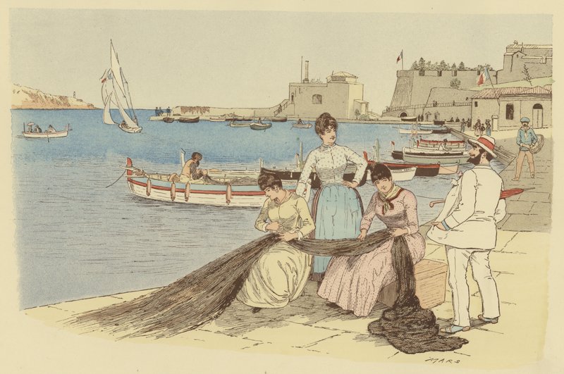 Ein Mann plaudert mit einer Gruppe von Frauen, die Fischernetze in der Stadt Villefranche, Frankreich, flicken (Farblithografie) von Maurice Charles Mathieu Bonvoisin