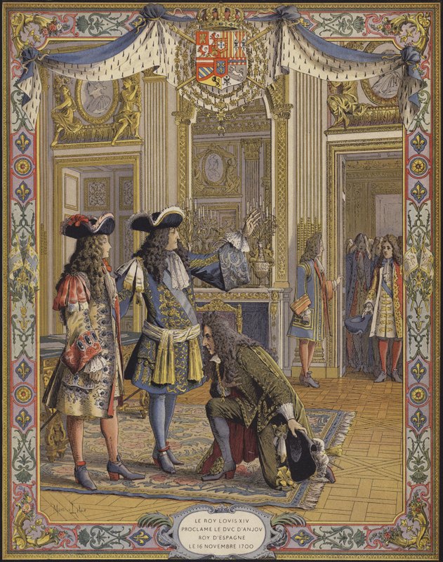 König Ludwig XIV., Herzog von Anjou, zum König von Spanien ausgerufen, empfängt die Huldigung seines Botschafters von Maurice Leloir