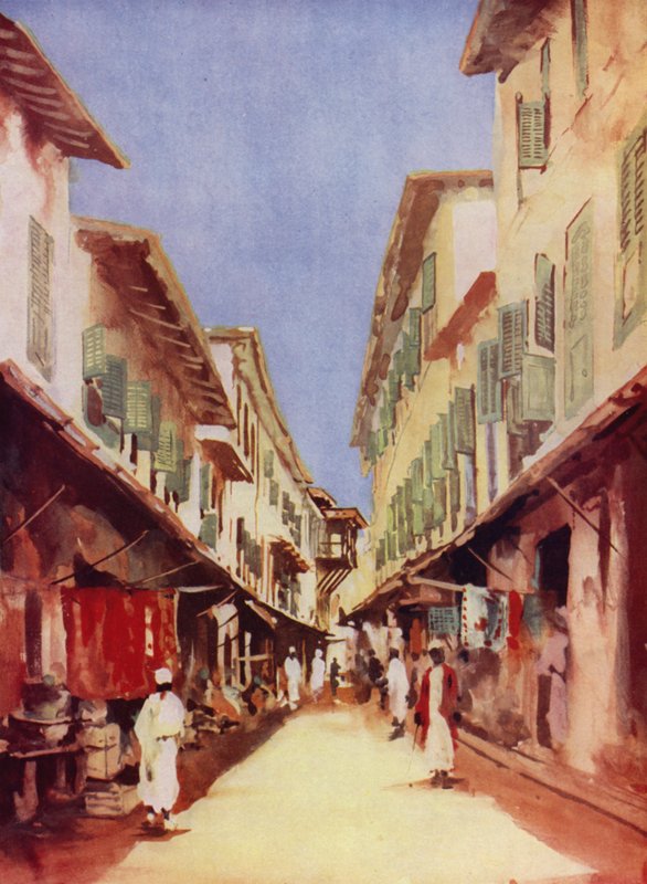 Eine Straße in Sansibar (Farblithografie) von Maurice Randall