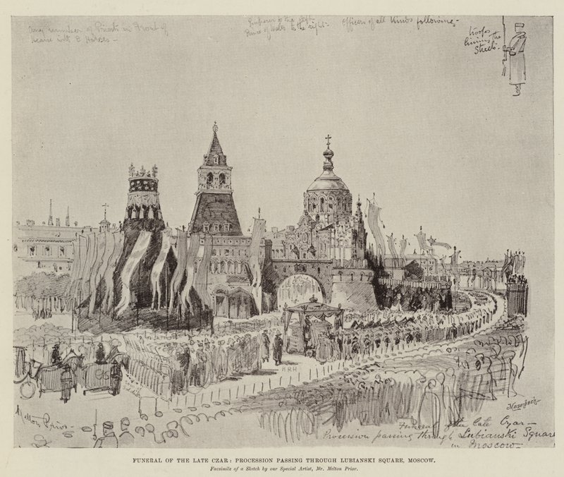 Begräbnis des verstorbenen Zaren, Prozession durch den Lubianski-Platz, Moskau von Melton Prior
