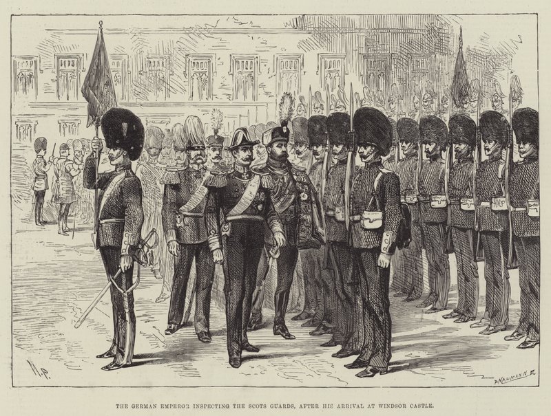 Der deutsche Kaiser inspiziert die Scots Guards nach seiner Ankunft auf Schloss Windsor von Melton Prior