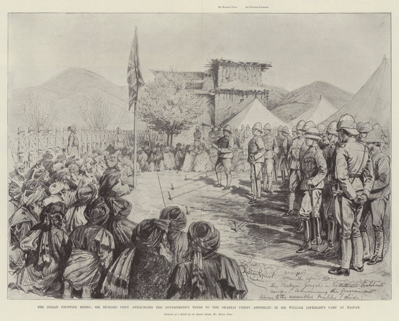 Der indische Grenzaufstand, Sir Richard Udny verkündet die Bedingungen der Regierung den versammelten Orakzai-Häuptlingen im Lager von Sir William Lockhart in Maidan von Melton Prior