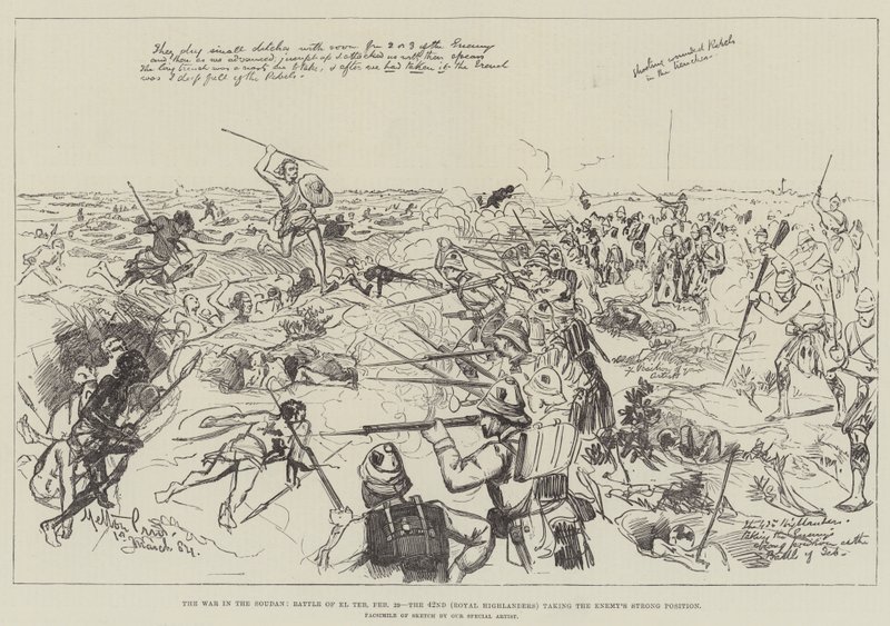 Der Krieg im Sudan, Schlacht von El Teb, 29. Februar, die 42. (Royal Highlanders) erobern die starke Position des Feindes von Melton Prior