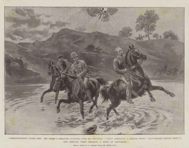 Korrespondenten unter Beschuss, der feindliche Schrapnell explodiert über Mr. Nevinson (Daily Chronicle), Melton Prior (Illustrated London News) und Diener, als sie einen Drift in Ladysmith überqueren von Melton Prior