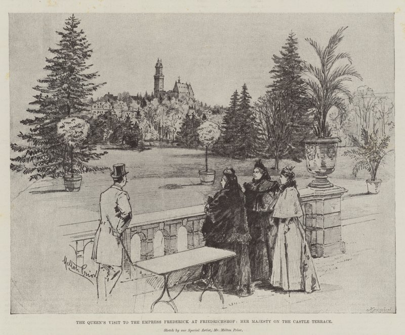 Der Besuch der Königin bei der Kaiserin Friedrich in Friedrichshof, Ihre Majestät auf der Schlossterrasse von Melton Prior