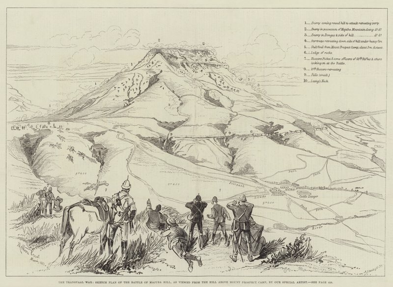 Der Transvaal-Krieg, Skizzenplan der Schlacht von Majuba Hill, gesehen vom Hügel über dem Mount Prospect Camp von Melton Prior