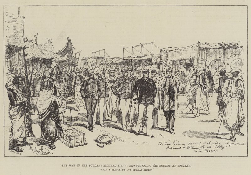 Der Krieg im Sudan, Admiral Sir W. Hewett bei seinen Rundgängen in Souakim von Melton Prior