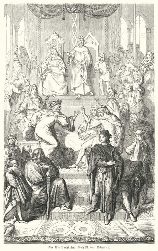 Der Sängerkrieg, ein Wettstreit zwischen Minnesängern auf der Wartburg in Thüringen im Jahr 1207 (Stich) von Moritz Ludwig von (after) Schwind