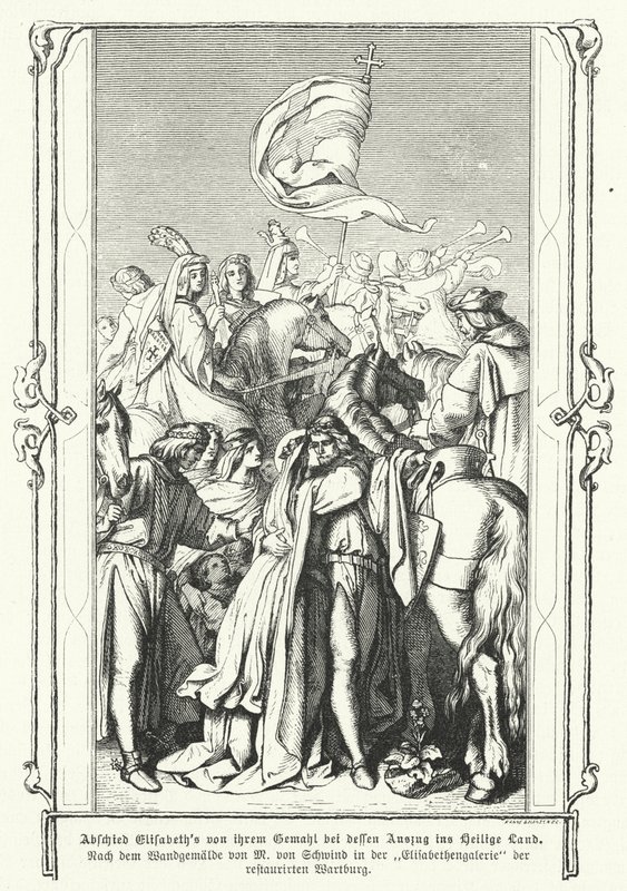 Die heilige Elisabeth von Ungarn verabschiedet sich von ihrem Ehemann, Ludwig IV., Landgraf von Thüringen, als er sich auf den Weg macht, um sich dem sechsten Kreuzzug anzuschließen von Moritz Ludwig von Schwind