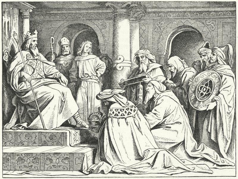 Die Gesandten des Kalifen Harun al-Raschid bringen Geschenke zu Kaiser Karl dem Großen, 802 (Stich) von Moritz Ludwig von Schwind