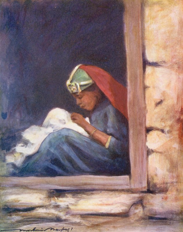 Kinder der Welt: Nähen (Farblithografie) von Mortimer Ludington Menpes