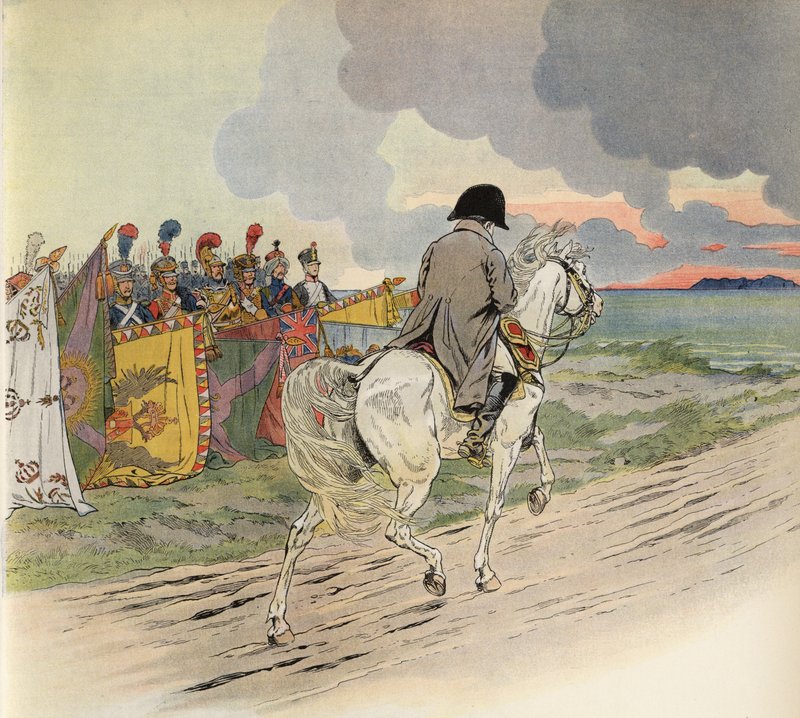 Imaginäres Bild von Napoleon zu Pferd, der den Respekt der Soldaten Europas empfängt von Onfray de Breville Job