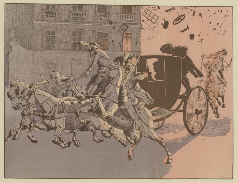Napoleon entkommt auf wundersame Weise der Explosion einer Bombe, der infernalen Maschine, in der Rue Saint-Nicaise, Paris, 24. Dezember 1800 von Onfray de Breville Job