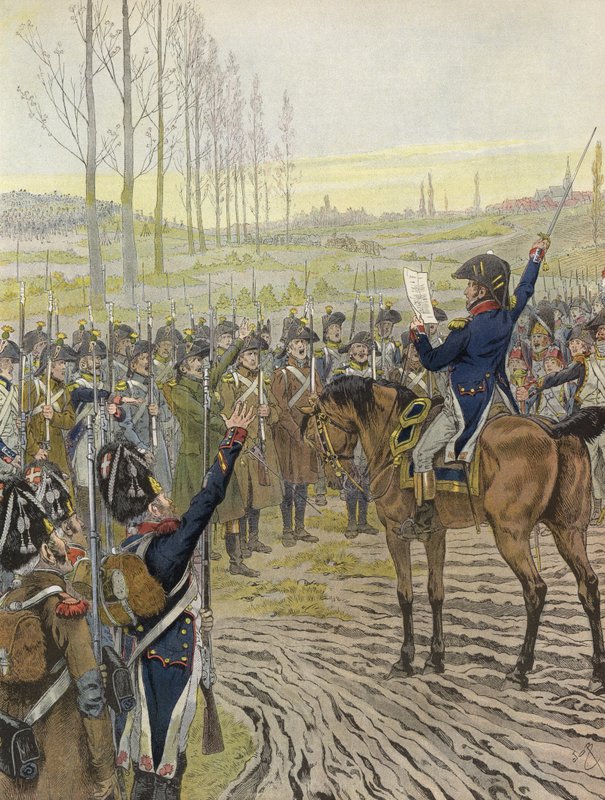 Die Worte Napoleons werden einigen seiner Truppen während des Feldzugs am Rhein, 1805, vorgelesen von Onfray de Breville Job