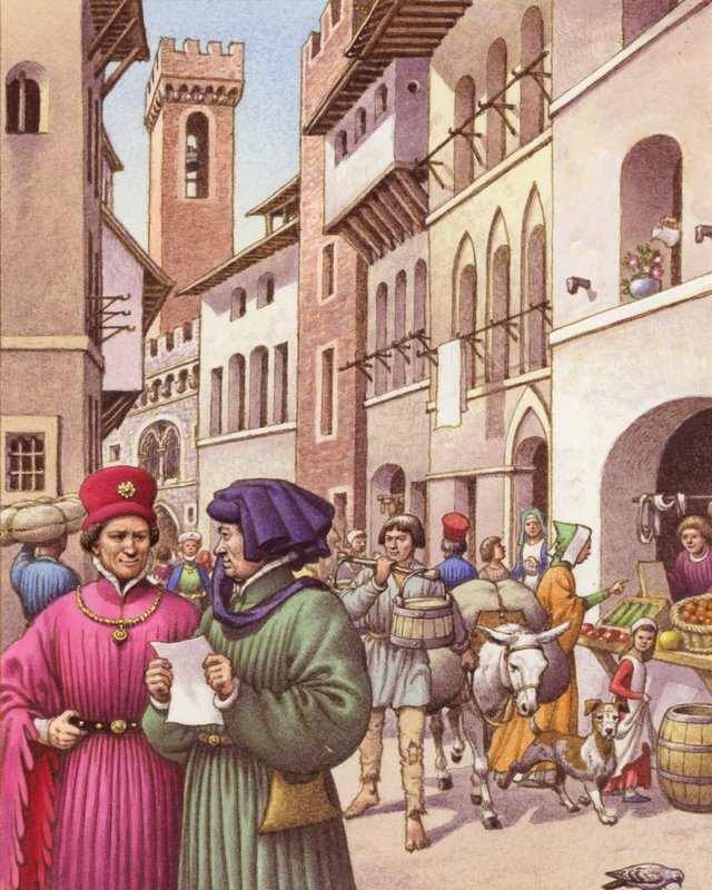 Eine typische Straßenszene in Florenz im frühen 15. Jahrhundert (Gouache auf Papier) von Pat (1907-95) Nicolle