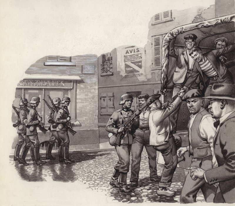 Ein deutscher Soldat hilft Gefangenen, aus einem Lastwagen zu fliehen von Pat (1907 95) Nicolle