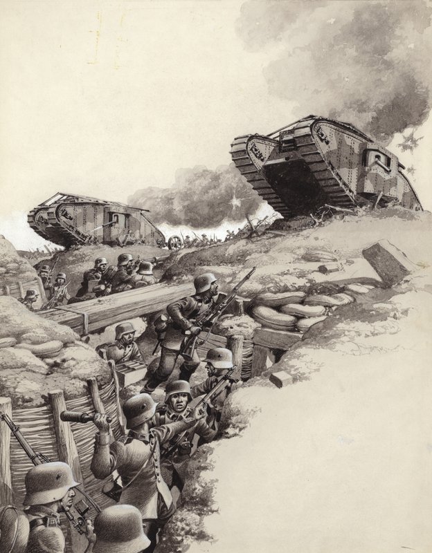 Panzer rollen über deutsche Schützengräben während des Ersten Weltkriegs von Pat (1907 95) Nicolle