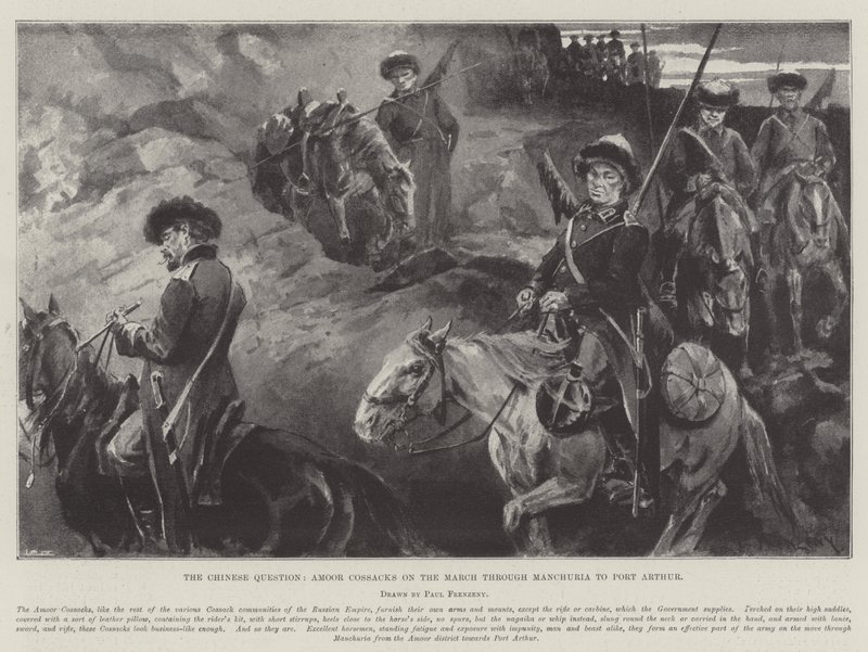 Die chinesische Frage, Amoor-Kosaken auf dem Marsch durch die Mandschurei nach Port Arthur von Paul Frenzeny